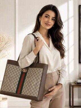 Authentic Gucci Ophidia GG Supreme Canvas Large Tote Bag Web Stripe Shoulder Bag